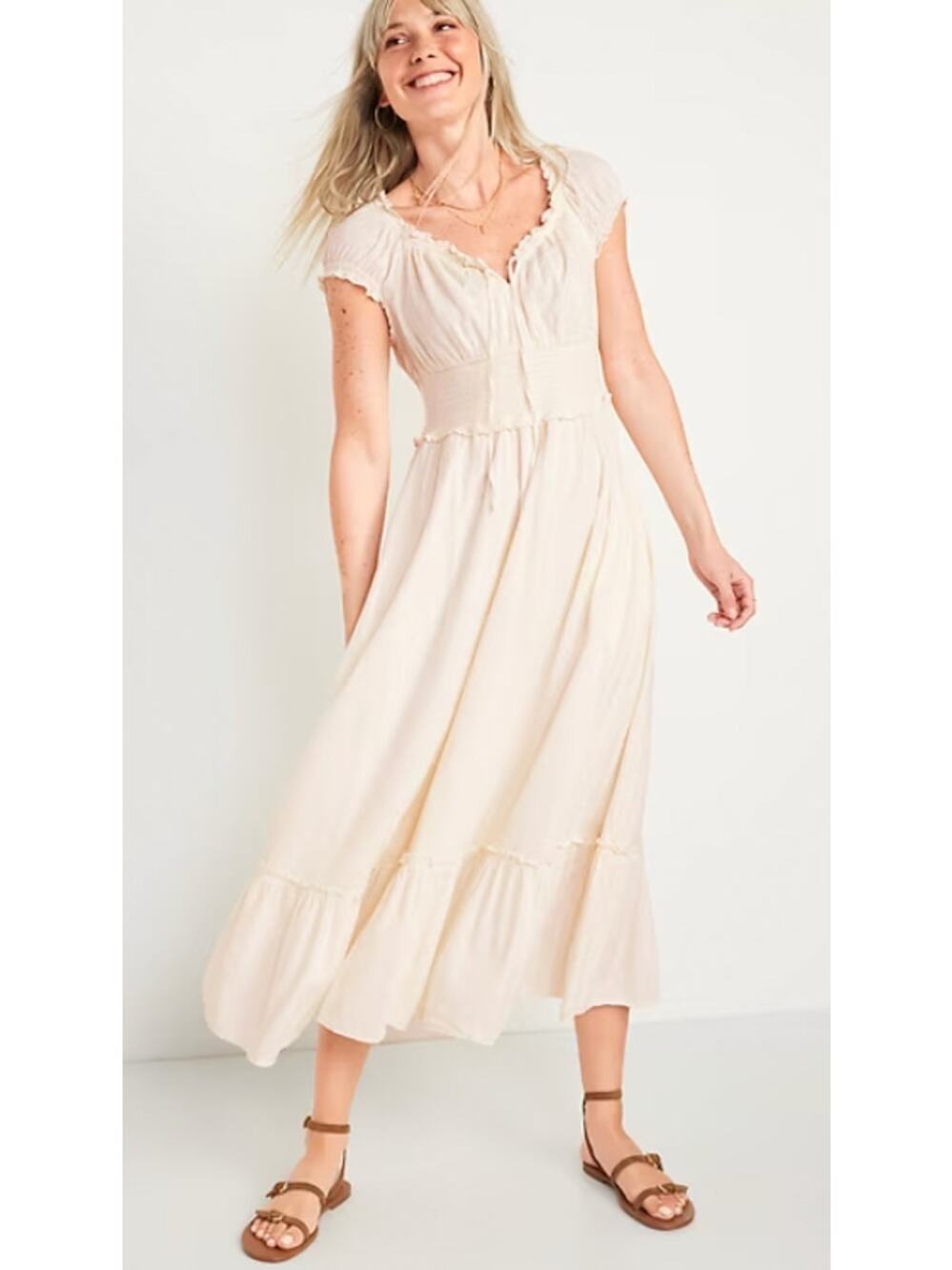 Old Navy Waist Defined Puff Sleeve Clip Dot Midi Dress Cream Ivory Boho Medium - Picture 1 of 10
